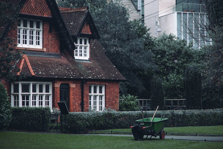 A residential garden scene featuring a well-maintained lawn bordered by a low hedge and a paved pathway. In the foreground, there is a green wheelbarrow filled with garden tools such as a rake and a h